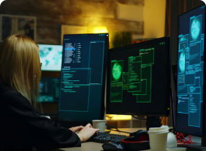 Girl hacker looking at multiple monitors while writing a malware